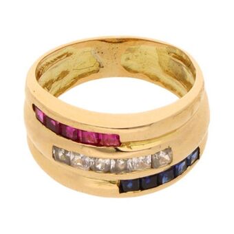 Anillo diseño especial con sintéticos en oro amarillo 18 kilates.
