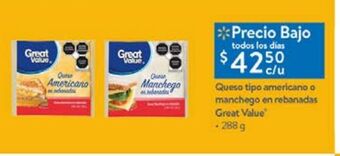 Walmart Queso tipo americano o manchego en rebanadas great value 288g oferta