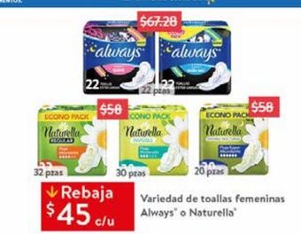 Variedad de toallas femeninas always o naturella