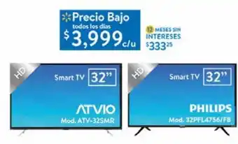 Walmart Smart tv 32'' atvio o philips oferta