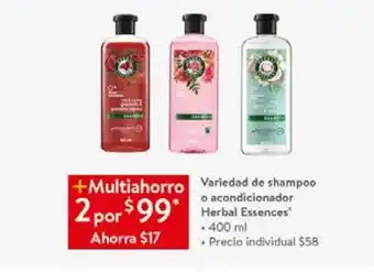 Walmart Variedad de shampoo o acondicionador herbal essences 400ml oferta