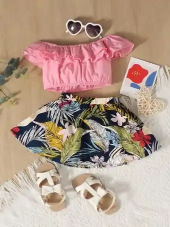 Shein bebé de hombros descubiertos ribete con fruncido top & con estampado tropical falda