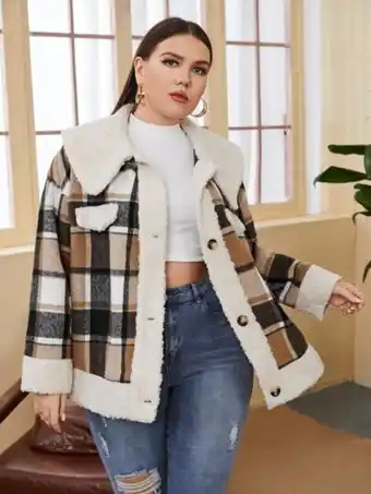 SHEIN Shein abrigo con estampado de cuadros de hombros caídos en contraste teddy oferta