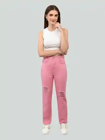 Cuidado con el Perro Jeans mom rosa destrucción en rodilla oferta