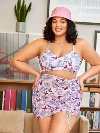 3 piezas bañador bikini con estampado de planta y mariposa con falda playera