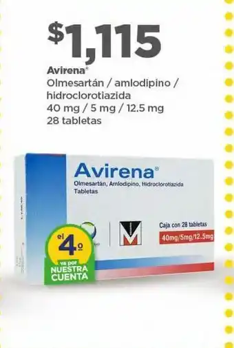 Bodega Aurrerá Avirena olmesartán / amlodipino / hidrpclorotiazida 40mg / 5 mg / 12.5 mg 28 tabletas oferta