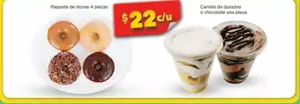 Bodega Aurrerá Paquete de donas 4 pzas ó carlota de durazno o chocolate 1 pza oferta