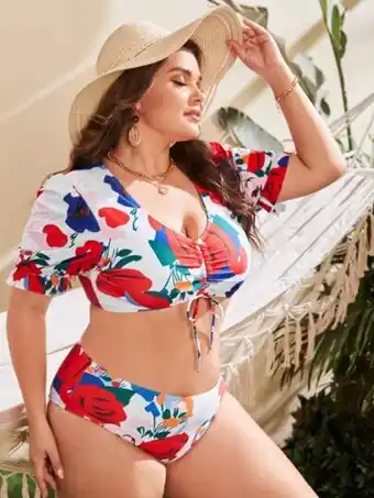 Bañador bikini floral con cordón de talle alto
