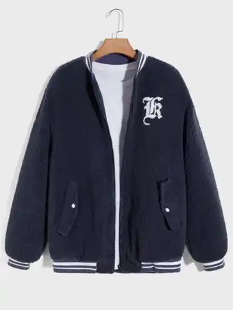 Shein hombres cazadora tipo bomber con estampado de letra ribete de rayas teddy sin camiseta