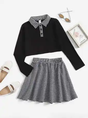 SHEIN Shein niñas con estampado de pata de gallo falda con camiseta conjunto oferta