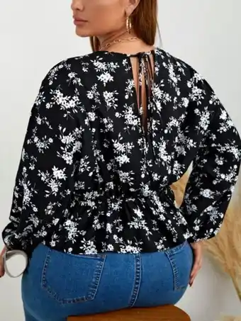 SHEIN Blusa peplum con estampado floral con cordón trasero de manga farol oferta