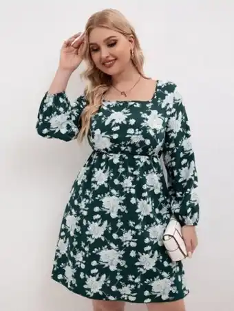 SHEIN Vestido con estampado floral de cuello cuadrado con cordón trasero de manga farol oferta