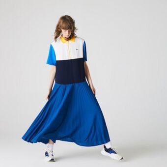 Lacoste Vestido tipo polo con falda plisada fluida en color block para mujer oferta