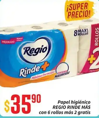 Regio Rinde Mas Papel higienico con 6 rollos mas 2 gratis