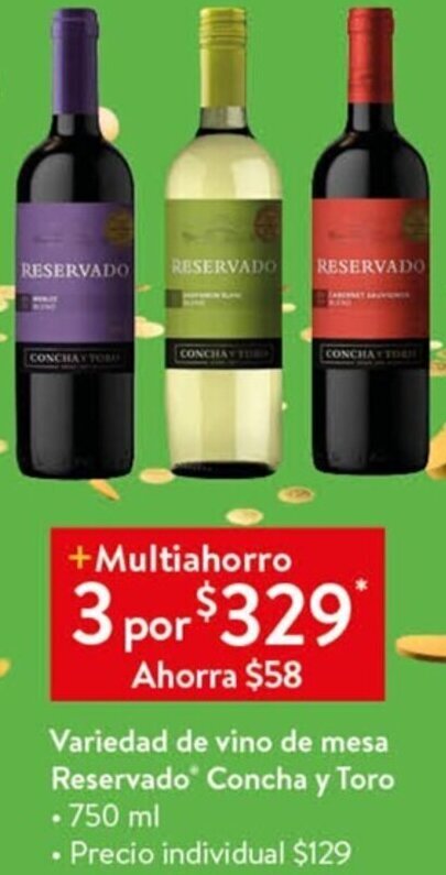 Walmart Express Variedad de Vino de Mesa Reservado Concha y Todo 3 x 750ml oferta