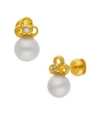 Broquel flor con perla oro amarillo 14k con 1pto de brillante