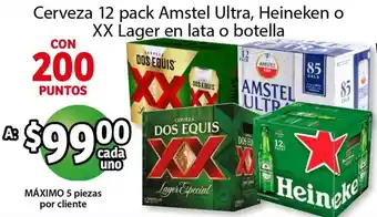 Soriana Mercado Cerveza 12 Pack Amstel Ultra, Heineken o XX Lager en lata o botella oferta