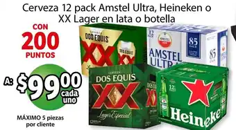Soriana Híper Cerveza 12 Pack Amstel Ultra, Heineken o XX Lager en lata o botella oferta