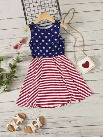 Shein niñas vestido con estampado de bandera estadounidense bajo amplio