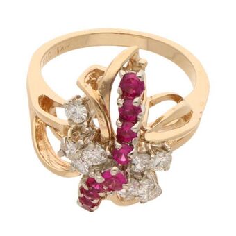 Nacional Monte de Piedad Anillo estilizado con diamantes y sintéticos en oro amarillo 14 kilates. oferta