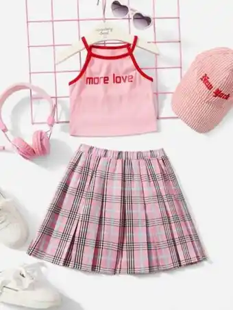 SHEIN Shein niñitas con estampado de slogan unido en contraste top halter & de tartán falda fruncido oferta