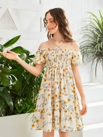 SHEIN Shein chicas adolescentes vestido floral de hombros descubiertos de manga farol con fruncido oferta