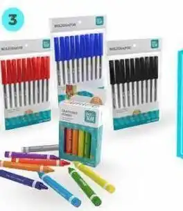 Bodega Aurrerá Paquete de crayones jumbo 12 piezas o paquete de 10 boligrafos rojo, azul o negro oferta