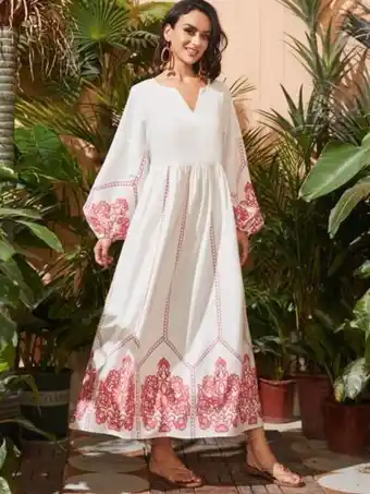 SHEIN Shein vestido con estampado floral de manga farol de cuello de muesca oferta