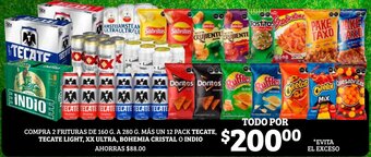 Soriana Híper Compra 2 Frituras de 160g a 280g Más Un 12 Pack Tecate, Tecate Light, XX Ultra, Bohemia Cristal o Indio oferta