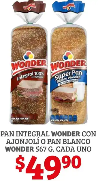 Pan Integral Wonder con Ajonjolí o Pan Blanco Wonder 567g