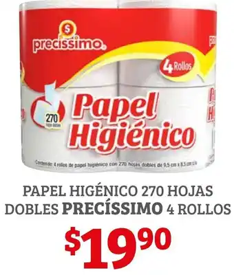 Soriana Híper Papel Higiénico 270 Hojas Dobles Precíssimo 4 Rollos oferta