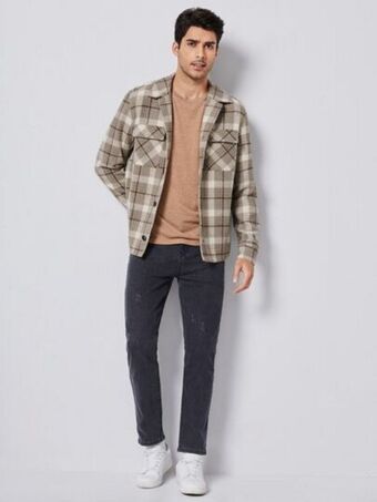 SHEIN Shein hombres abrigo con estampado de cuadros con bolsillo con solapa oferta