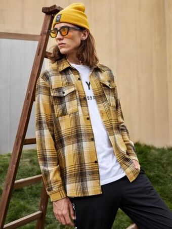 SHEIN Hombres abrigo de cuadros con bolsillo con solapa oferta