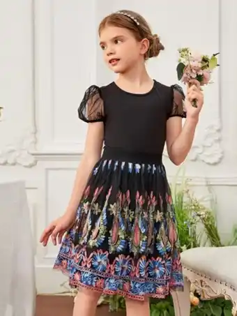 SHEIN Shein niñas de malla de manga farol camiseta & con estampado floral falda oferta