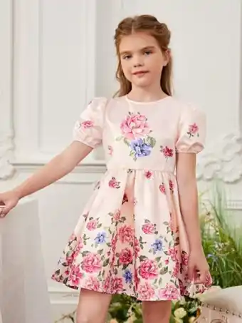 SHEIN Shein niñas vestido línea a con estampado floral de manga farol oferta