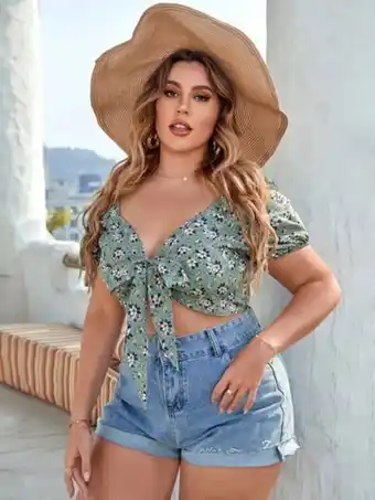 SHEIN Top corto con estampado floral de manga farol con nudo delantero oferta