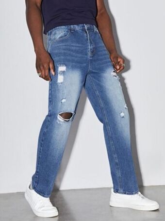 SHEIN Shein hombres jeans de pierna recta con cremallera desgarro oferta
