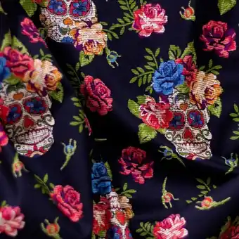 Algodón estampado digital día de muertos | calaveras guirnaldas flores