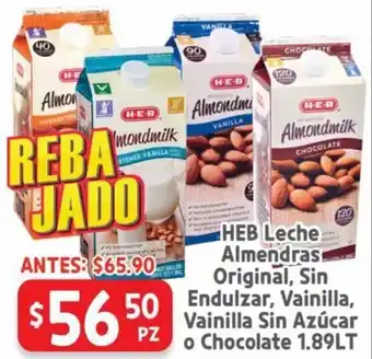 HEB HEB Leche Almendras Original, Sin Endulzar, Vainilla, Vainilla Sin Azúcar o Chocolate 1.89lt oferta