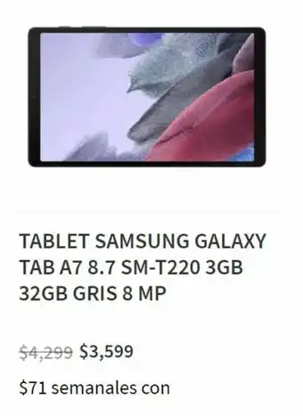 Tablet Samsung Galaxy A7 8.7 SM-T220 3GB 32GB Gris MP