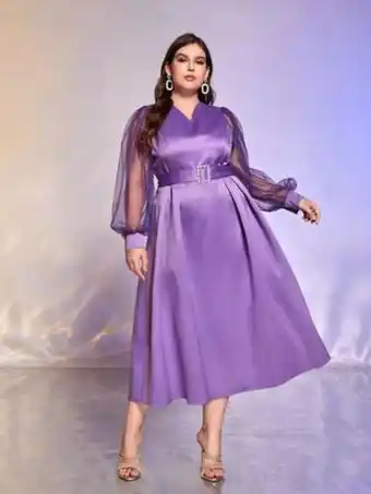SHEIN Shein vestido con cinturón de malla en contraste de manga farol con diamante de imitación con hebilla oferta