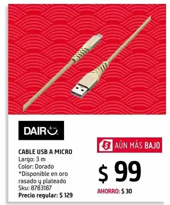 Cable usb a micro 3m gold dairu