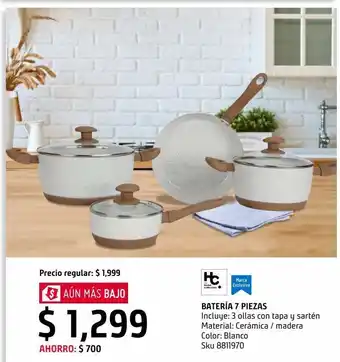 Batería 7 piezas cerámica blanco mango madera