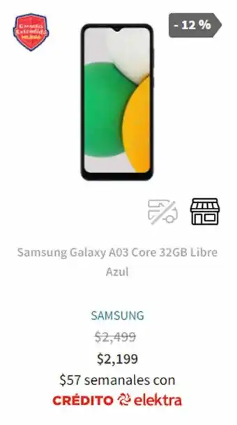 Elektra Samsung Galaxy A03 Core 32GB Libre Azul oferta