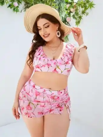 SHEIN 3 piezas bañador bikini con estampado floral ribete con fruncido con cordón lateral oferta