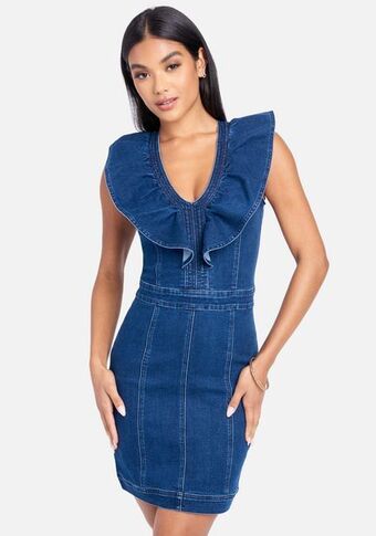Bebe V neck cascade sleeve denim dress oferta
