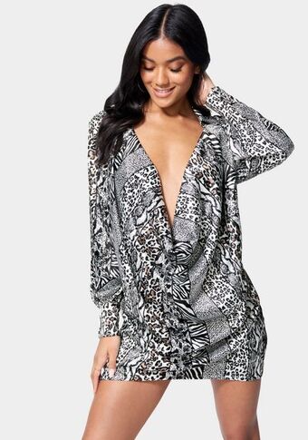 Printed satin cowl neck shirtdress