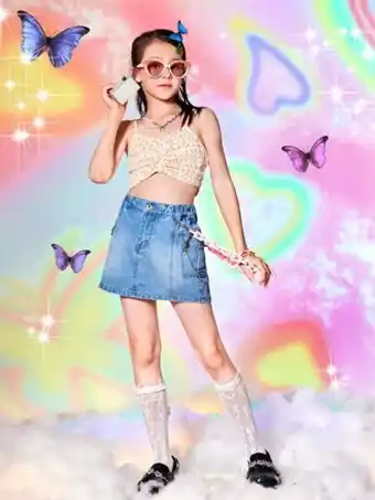 SHEIN Niñas falda en mezclilla con bolsillo con solapa sin cadena oferta