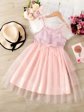 SHEIN Niñas vestido de fiesta de color combinado ribete fruncido a capas bajo con malla con cinturón oferta