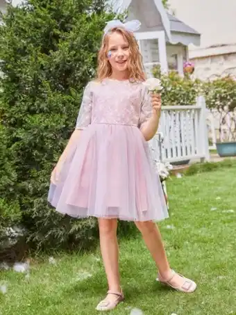 SHEIN Niñas vestido de fiesta con encaje en contraste con cordón trasero bajo con malla oferta